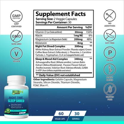 Night Time Sleep Shred Fast Fat Burner, Weight Loss Aid Pill, Appetite Suppressant Carb LEAN NutraceuticalsBuy Supplements Australia