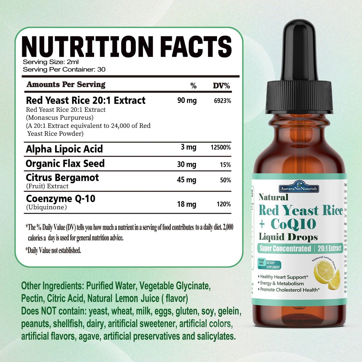 Liposomal Red Yeast Rice with Coq10 Liquid Drops, 5-in-1 Extra Strength 1200mg Cholesterol & Heart Support w. Citrus Bergamot Alpha Lipoic Acid | Cholesterol Lowering Supplement | GMO & Citrinin Free AuraraNeNourishBuy Supplements Australia