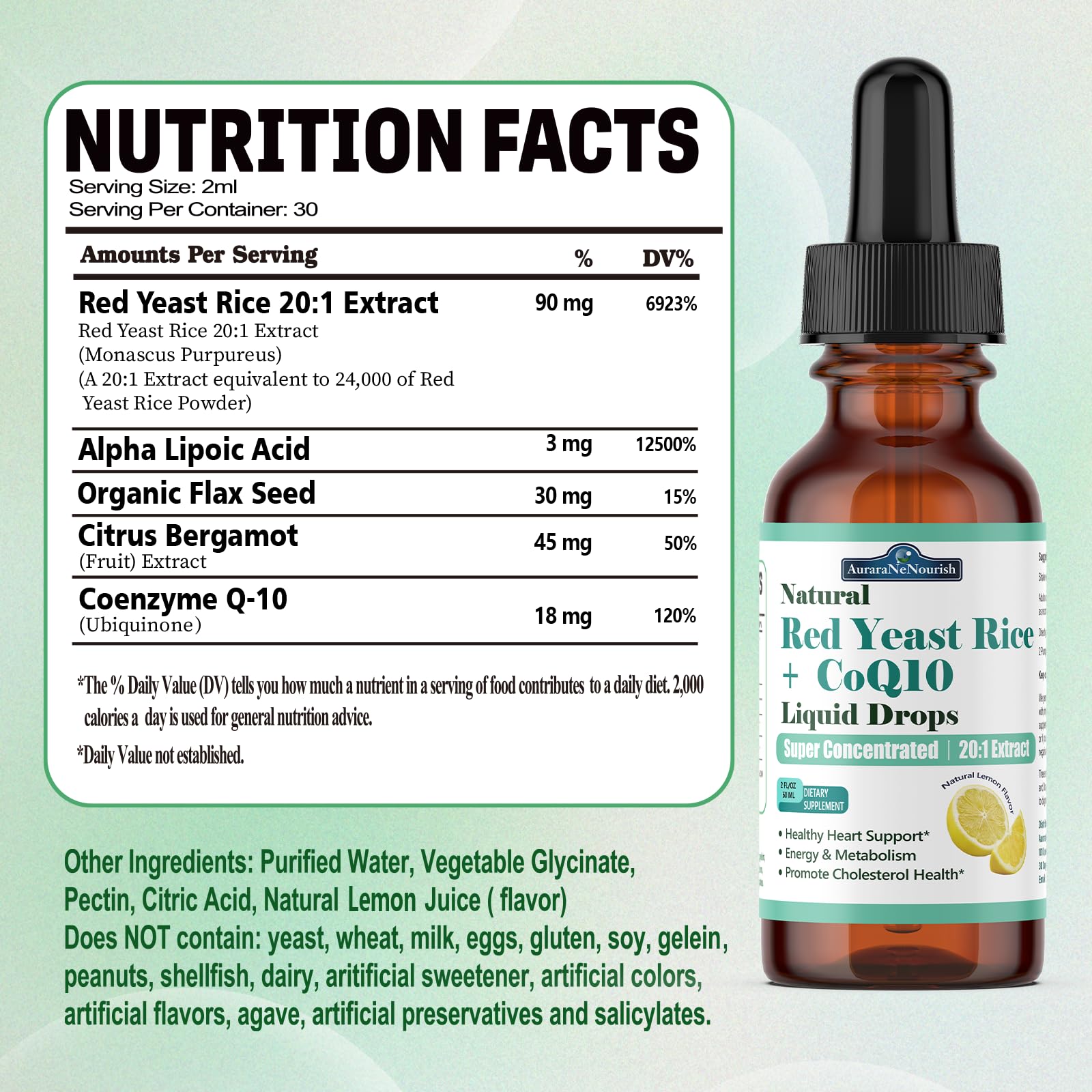 Liposomal Red Yeast Rice with Coq10 Liquid Drops, 5-in-1 Extra Strength 1200mg Cholesterol & Heart Support w. Citrus Bergamot Alpha Lipoic Acid | Cholesterol Lowering Supplement | GMO & Citrinin Free AuraraNeNourishBuy Supplements Australia