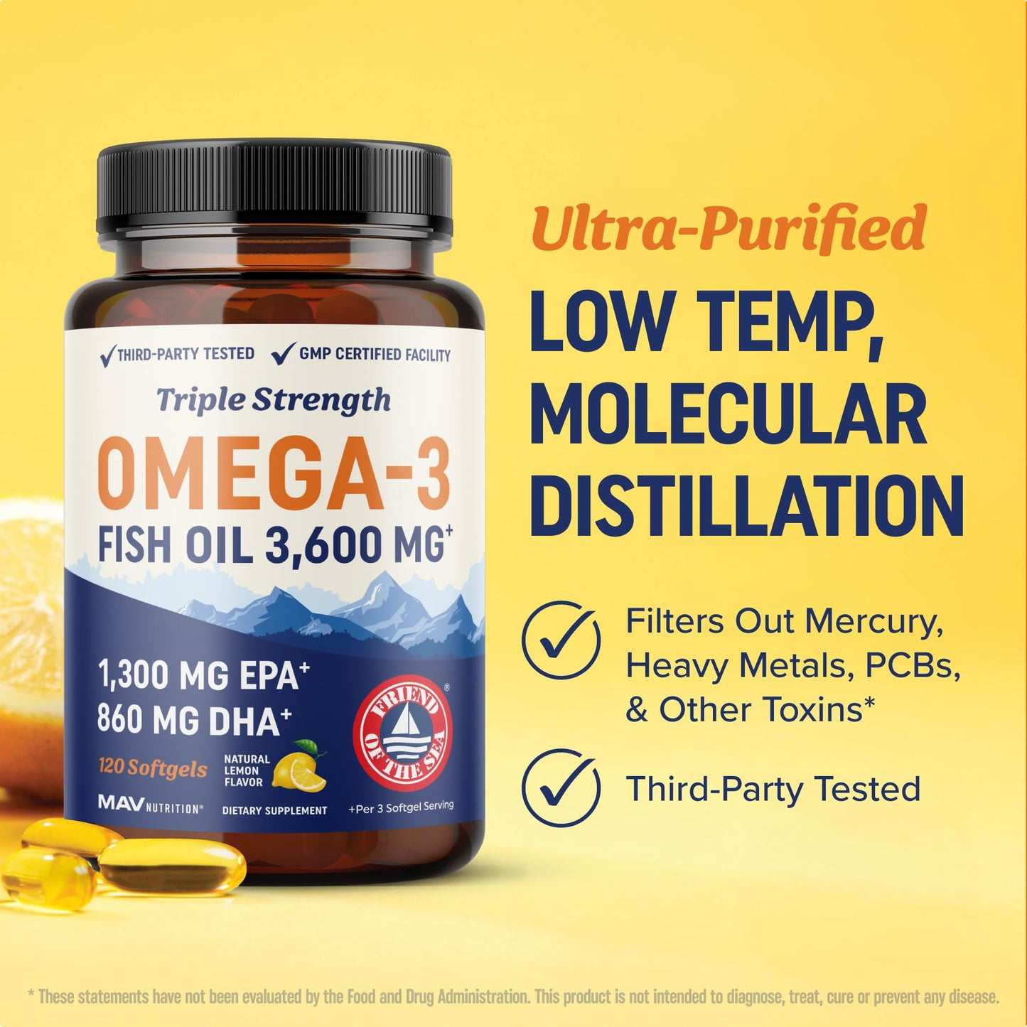 Triple Strength DHA Omega 3 Fish Oil 3600 mg | Over 2100mg Omega-3 Fatty Acids with 860mg of DHA | 1300mg EPA | Best Essential Fatty Acids