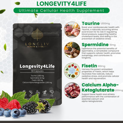 Longevity4Life - Ultimate Cellular Health Supplement - Fisetin, Taurine, Calcium Alpha-Ketoglutarate, and Spermidine Capsules for Longevity and Vitality - Made in USA - Physician Formulated LongLiv Health and VitalityBuy Supplements Australia