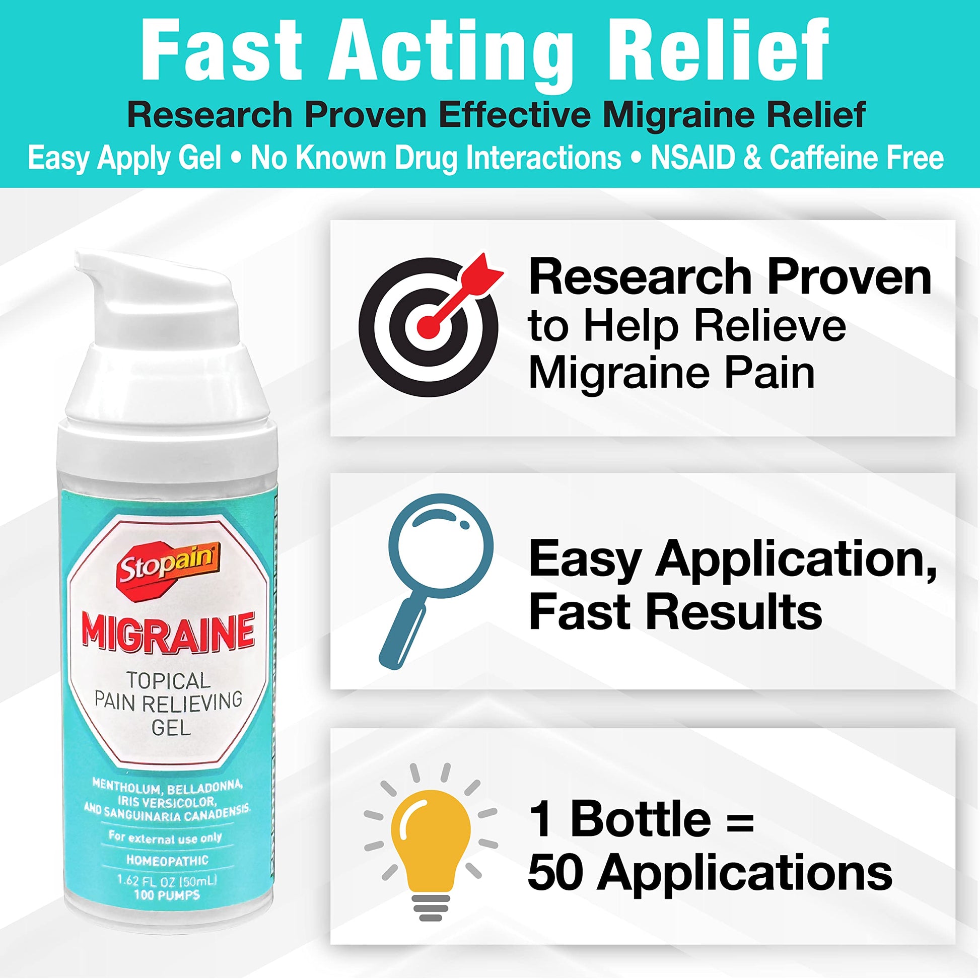 Stopain Migraine Pain Relief Gel Pump, 1.62oz (2 Pack), USA Made, Max Strength Fast Acting Research Proven Effective Topical, No Known Side Effects or Drug Interactions, HSA FSA Approved Products StopainBuy Supplements Australia