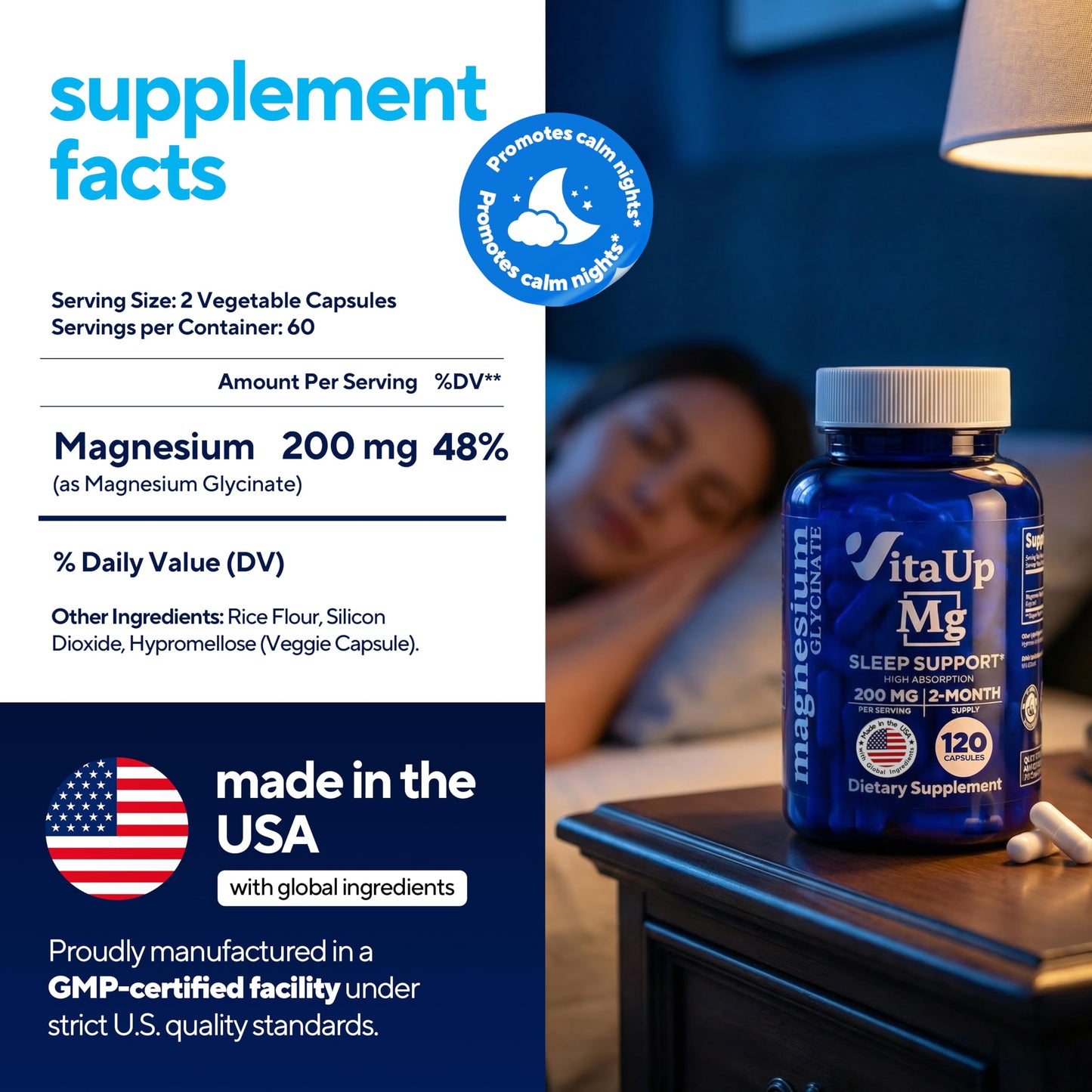 VitaUp Magnesium Glycinate 200mg - USA Made, Highly Absorbed, Non-GMO Magnesium for Relaxation, Deep Sleep, Bones & Heart -