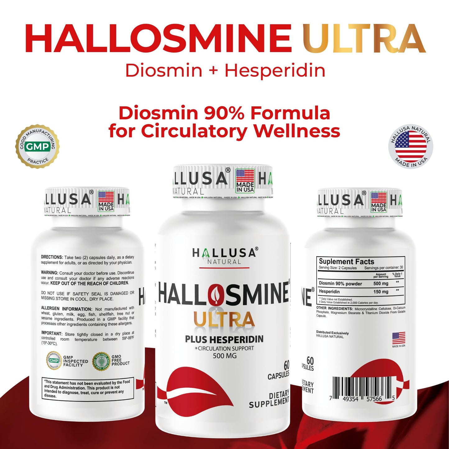 Hallusa Natural Hallosmine Ultra Diosmin 500mg & Hesperidin 150mg – Heavy Legs, Swelling & Vein - Blood Circulation Supplements, 60 Caps Hallusa NaturalBuy Supplements Australia
