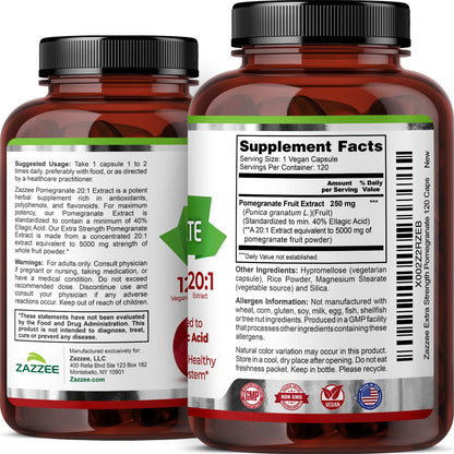 Zazzee Extra Strength Pomegranate 20:1 Extract, 40% Ellagic Acid, 120 Vegan Capsules, 4 Month Supply, Punica Granatum, Antioxidant & Cellular Health Support, Non-GMO, Made in the USA ZazzeeBuy Supplements Australia