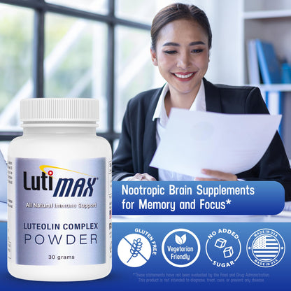 Lutimax Luteolin Complex Powder Brain Supplement with Rutin - Nootropic Brain Supplements for Memory and Focus to Improve Brain Health - Antioxidant Supplement for Immune Support - 100 Servings Solo LutiBuy Supplements Australia