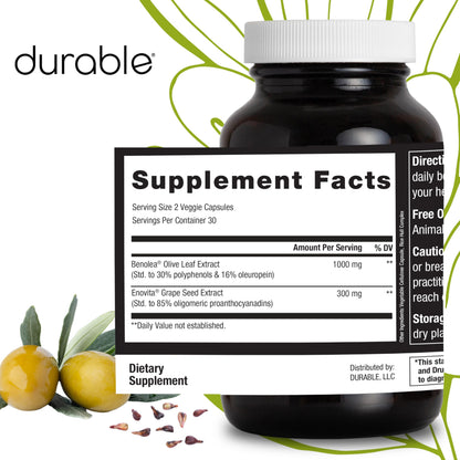 Durable Blood Pressure – Benolea Olive Leaf & Enovita Grape Seed Extract – Healthy Circulation, Nitric Oxide & Artery Support – Doctor Formulated, Vegan, Non-GMO, Made in USA (60 Capsules) DurableBuy Supplements Australia