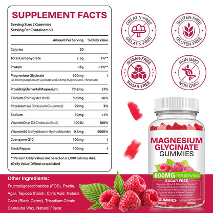 Magnesium Glycinate Gummies 600mg 120 Count - Sugar Free Magnesium Supplement - Supports for Sleep, Memory, Mood, Muscle, Relaxation, Heart & Bone Health BOIUOITIBuy Supplements Australia