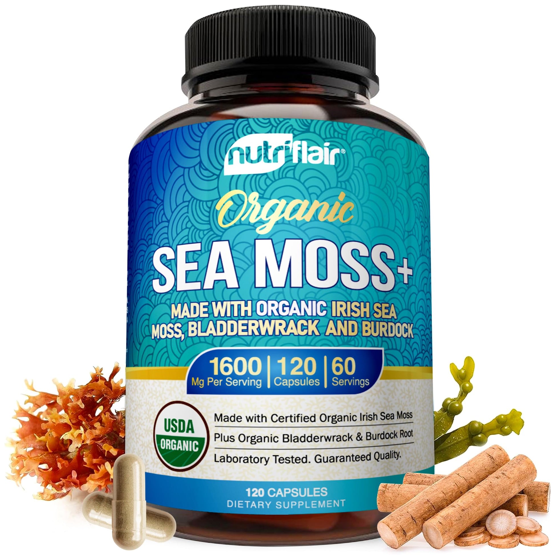 NutriFlair Organic Sea Moss 1600mg, 120 Capsules Plus Bladderwrack & Burdock - Prebiotic Super Food - Immune System & Digestive Health - Thyroid, Healthy Skin, Keto Detox, Gut NutriFlairBuy Supplements Australia