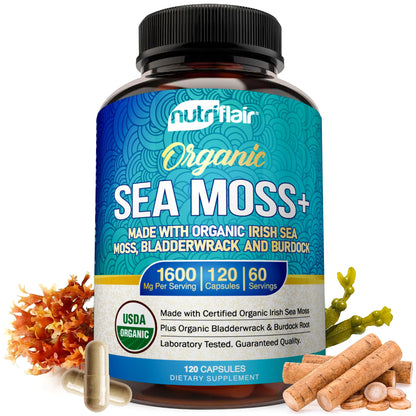 NutriFlair Organic Sea Moss 1600mg, 120 Capsules Plus Bladderwrack & Burdock - Prebiotic Super Food - Immune System & Digestive Health - Thyroid, Healthy Skin, Keto Detox, Gut NutriFlairBuy Supplements Australia