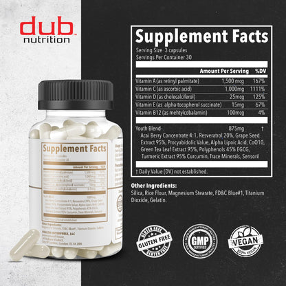 Dub Nutrition Youth - Formula with Acai, Resveratrol, Curcumin, Vitamins A, C, D, E, B12, and CoQ10 - Supports Immunity and Mobility - 90 Capsules Dub NutritionBuy Supplements Australia