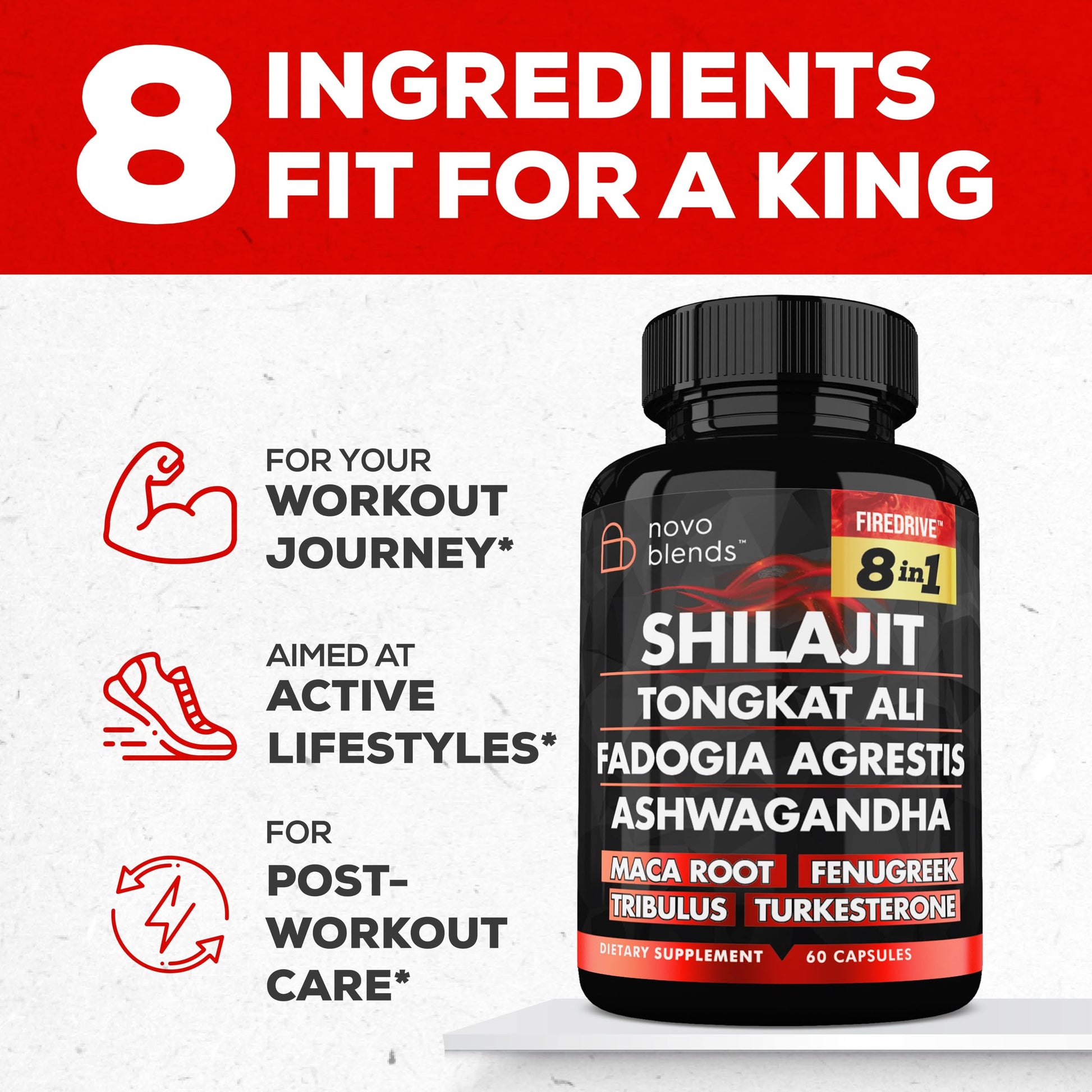 Shilajit 3000mg Tongkat Ali 15,000mg Fadogia Agrestis 1000mg Maca Root 2000mg Ashwagandha 4000mg Fenugreek 1500mg Tribulus Terrestris 500mg Turkesterone 500mg, 8-in-1 Supplement Blend for Men Novo BlendsBuy Supplements Australia