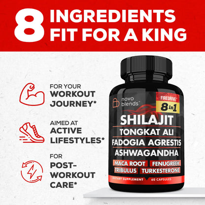 Shilajit 3000mg Tongkat Ali 15,000mg Fadogia Agrestis 1000mg Maca Root 2000mg Ashwagandha 4000mg Fenugreek 1500mg Tribulus Terrestris 500mg Turkesterone 500mg, 8-in-1 Supplement Blend for Men Novo BlendsBuy Supplements Australia