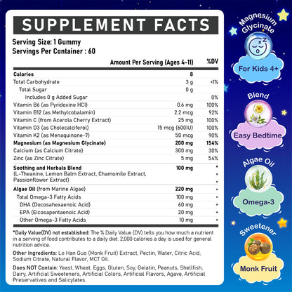 Kids Magnesium Glycinate Gummies - Magnesium Glycinate Supplement 200mg with L-theanine Omega-3 Calcium Vitamin D3 & B12 for Kids Natural Zzz at Bedtime & Overall Health