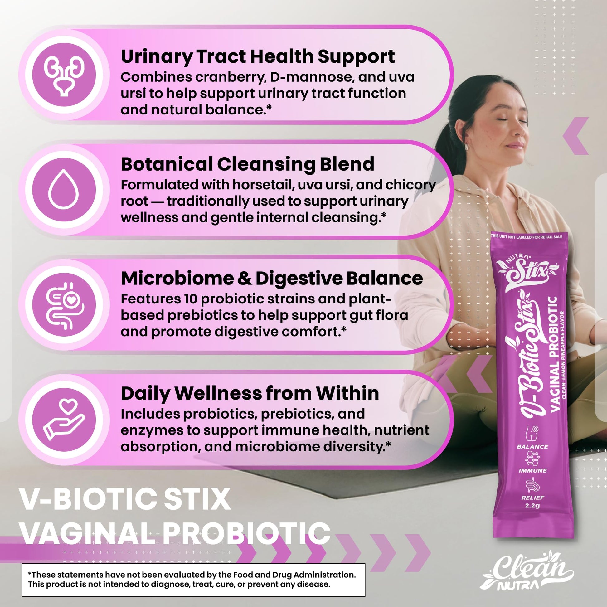Clean Nutraceuticals Vaginal Probiotics for Women with Cranberry Extract, D-Mannose, Prebiotics, pH Balance for Women, Vaginal Health – Womens Probiotic Alternative to Gummies - 20 Stix Clean NutraceuticalsBuy Supplements Australia