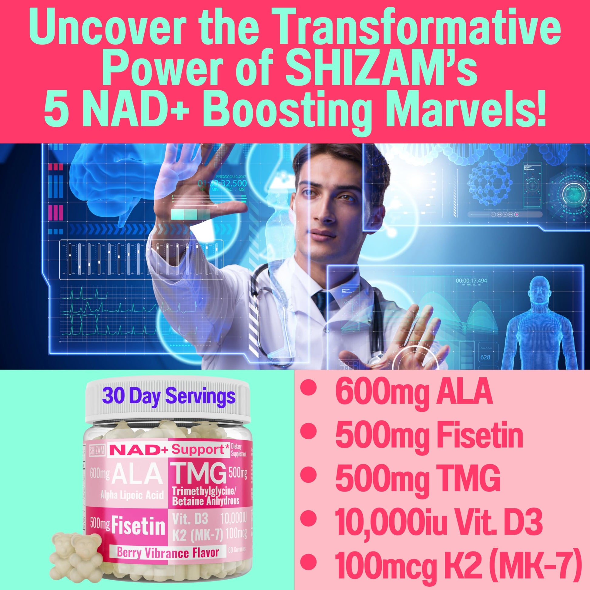 SHIZAM TMG Betaine Alpha Lipoic Acid ALA D3 Fisetin Gummies, Tri-Methylglycine trimethylglycine R-Alpha NAD+ Plus + HCL Supplements, Mitochondrial Senolytic Activator, NR Capsules Powder 600mg 1000mg SHIZAMBuy Supplements Australia