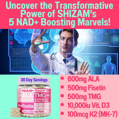 SHIZAM TMG Betaine Alpha Lipoic Acid ALA D3 Fisetin Gummies, Tri-Methylglycine trimethylglycine R-Alpha NAD+ Plus + HCL Supplements, Mitochondrial Senolytic Activator, NR Capsules Powder 600mg 1000mg SHIZAMBuy Supplements Australia