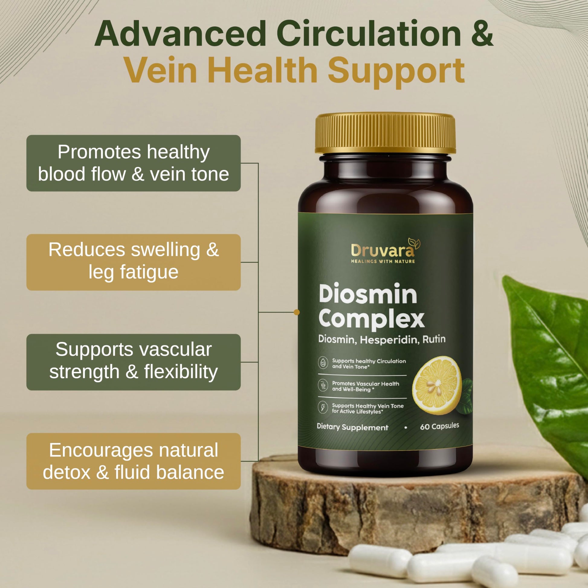 Druvara Diosmin Hesperidin with Rutin & B Vitamins | Vein Support Supplement for Leg Comfort, Healthy Circulation, Vein Strength & Improved Mobility - 60 Capsules DruvaraBuy Supplements Australia