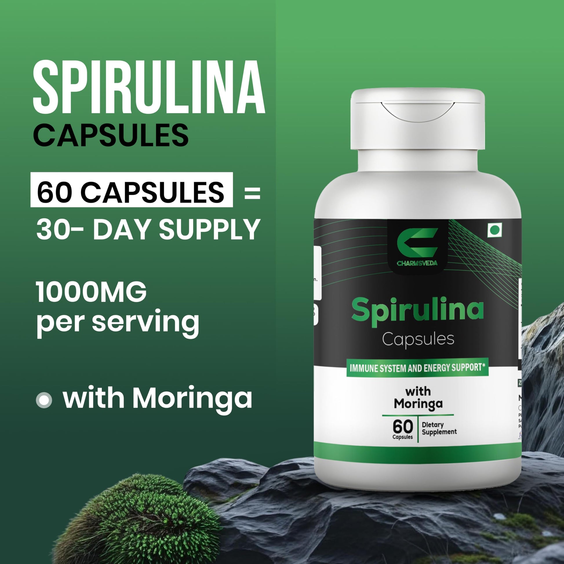 CHARMSVEDA Spirulina Capsules with Moringa – Herbal Immune Support* – 60 Vegan Capsules CHARMSVEDABuy Supplements Australia