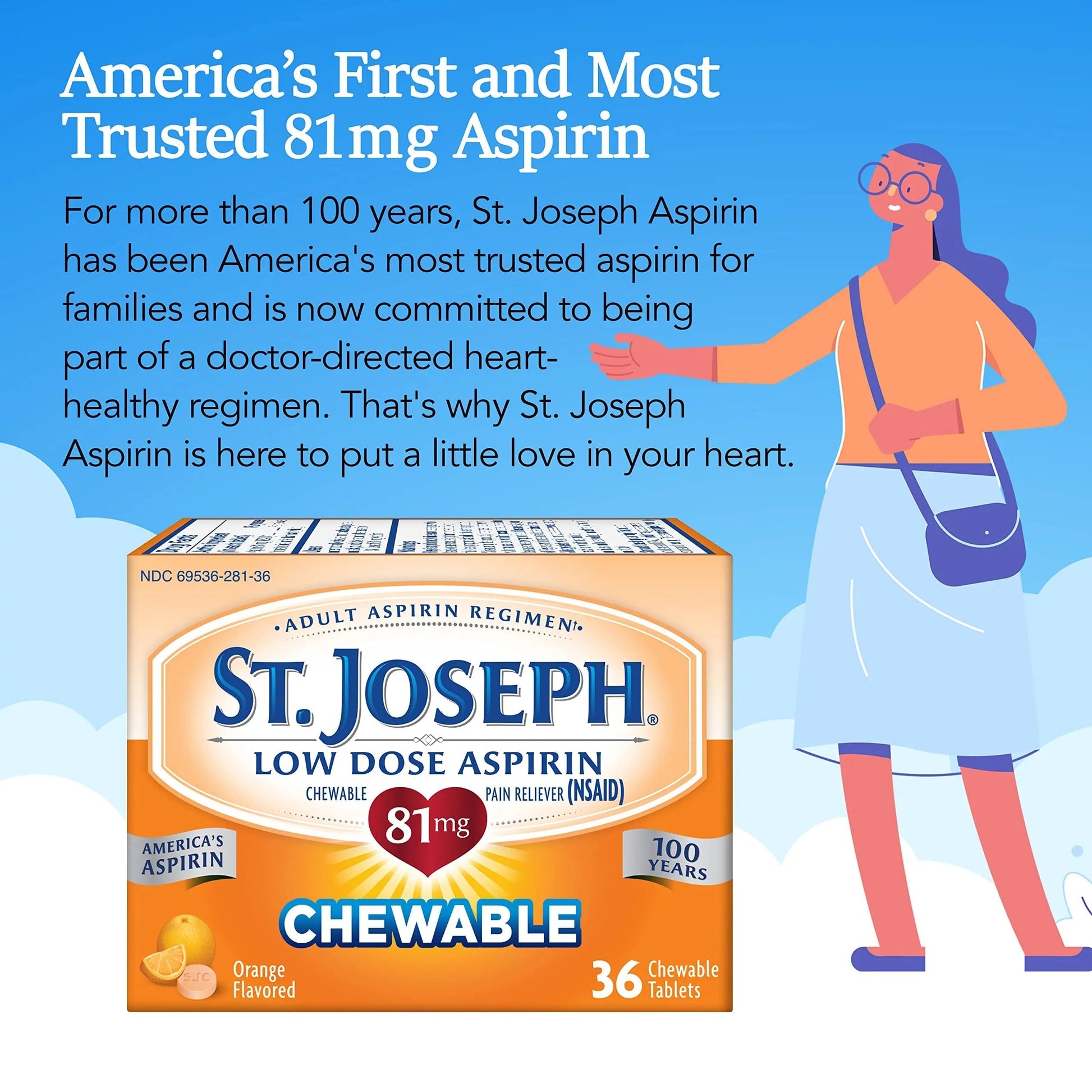 St. Joseph Aspirin Pain Reliever (NSAID) 81mg, Chewable Orange Tablets, Adult Low Dose Regimen, 36 ct St. JosephBuy Supplements Australia