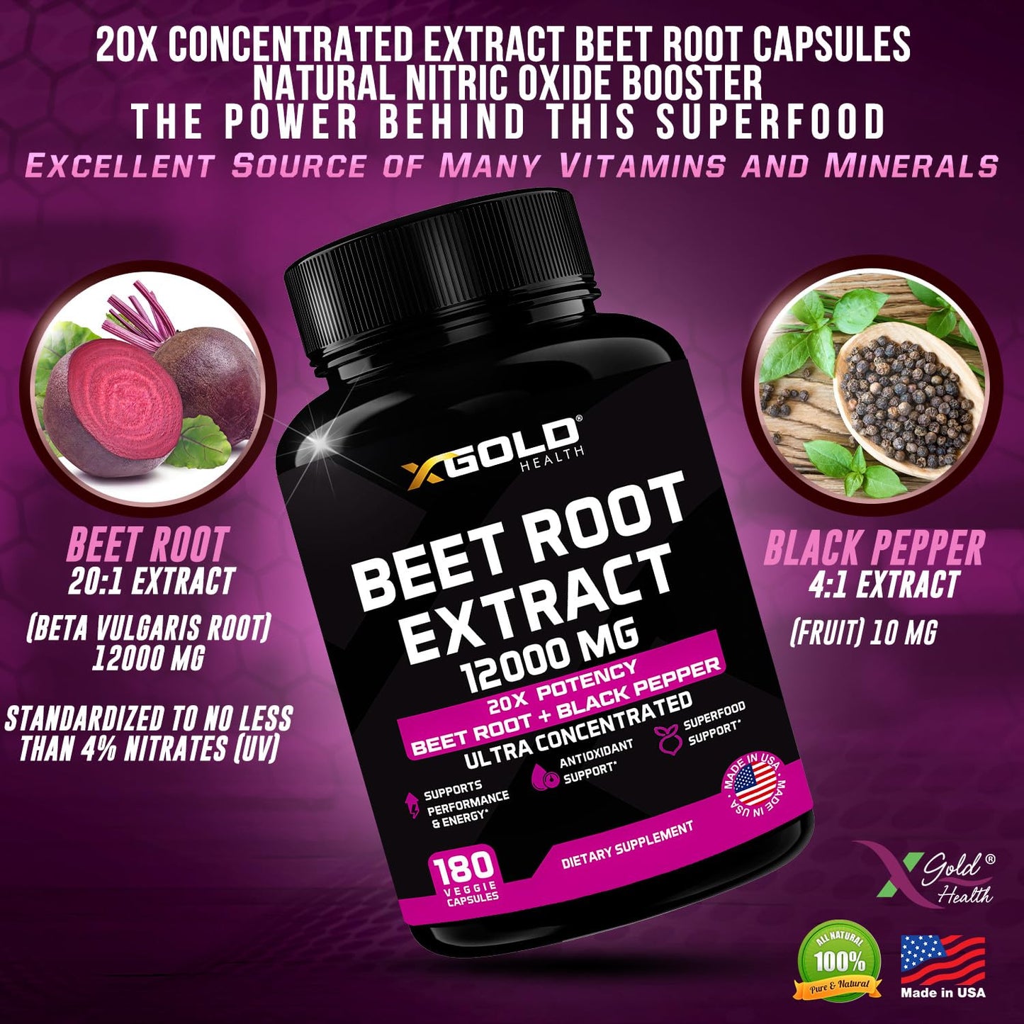 Beet Root Extract Capsules - 12000mg 20x Concentrated Beet Root Capsules Supplement X Gold HealthBuy Supplements Australia