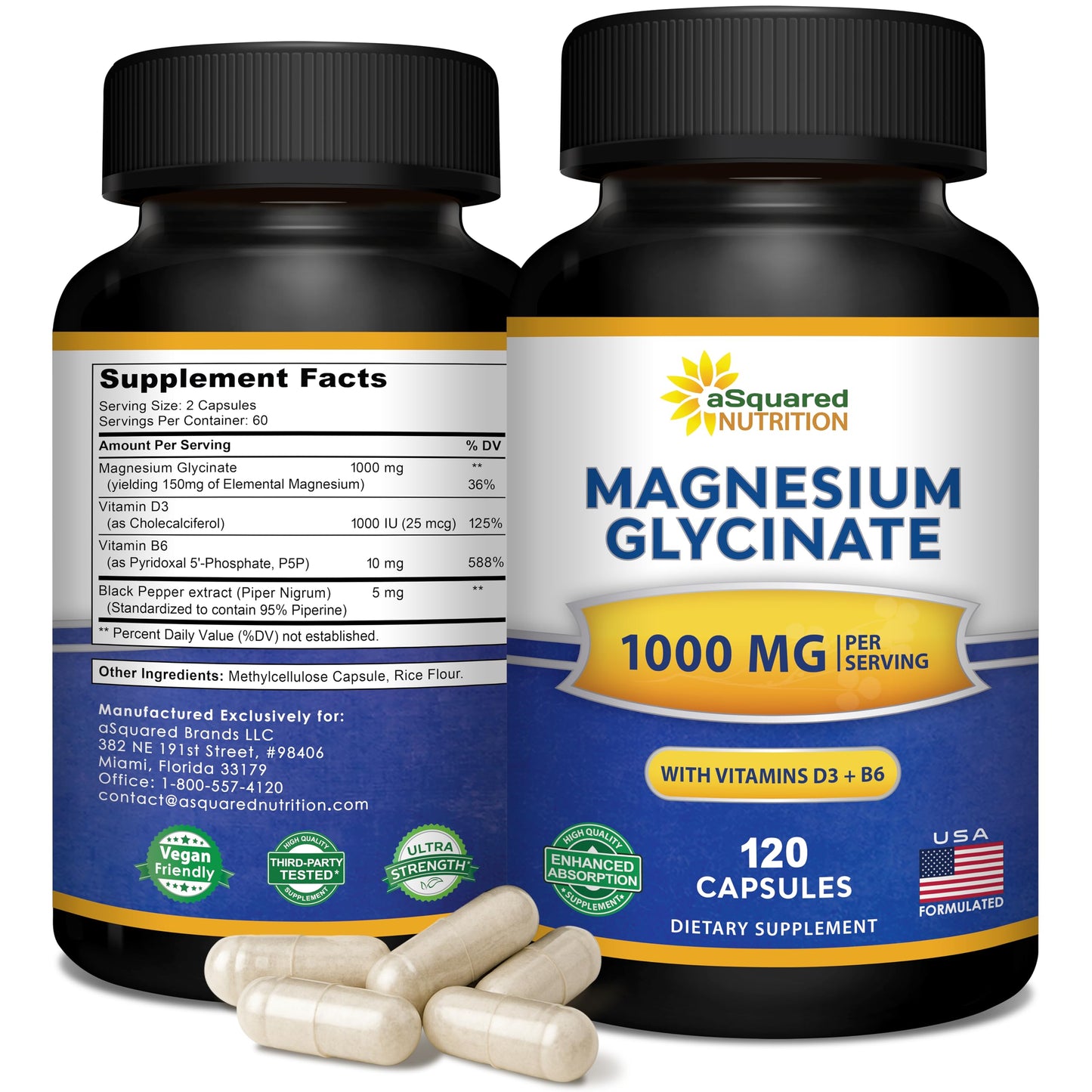 Magnesium Glycinate 1000mg with Vitamin D3 & B6-500mg per Capsule - Pure Elemental Mag Supplement Complex for Sleep, Muscle, Bone Health