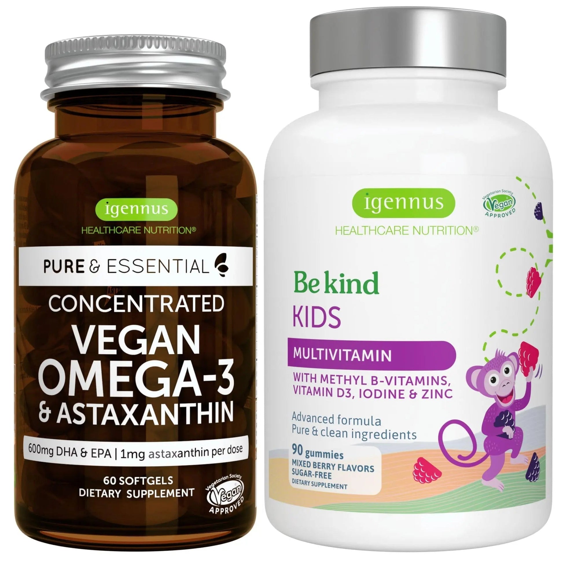 Vegan Omega-3 Algae Oil + Advanced Kids Multivitamin Gummy Bundle, High Concentration DHA & EPA + Vitamin A, B, C, D3 & E Igennus Healthcare NutritionBuy Supplements Australia