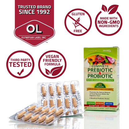 Olympian Labs Complete Prebiotic and Probiotic Supplement - 25 Billion Live Shelf Stable Cultures - 30 Vegetarian Capsules Olympian LabsBuy Supplements Australia
