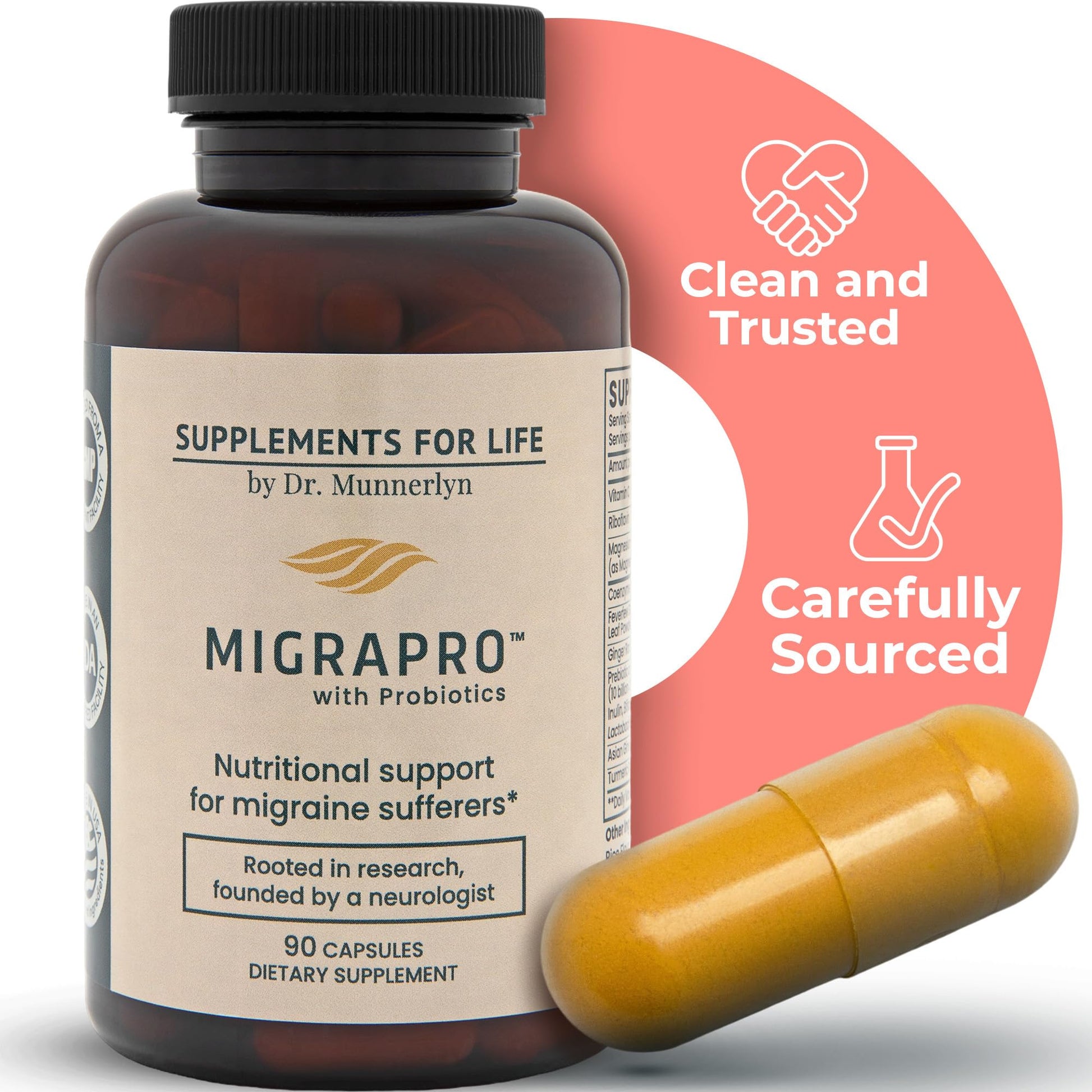 Dr. Munnerlyn MigraPro with Probiotics, Brain and Gut Health Support Supplement with Magnesium, Riboflavin, CoQ10, Ginger Root, Asian Ginseng, Vitamin C, Feverfew & Turmeric, Gluten Free, 90 Capsules Dr. MunnerlynBuy Supplements Australia