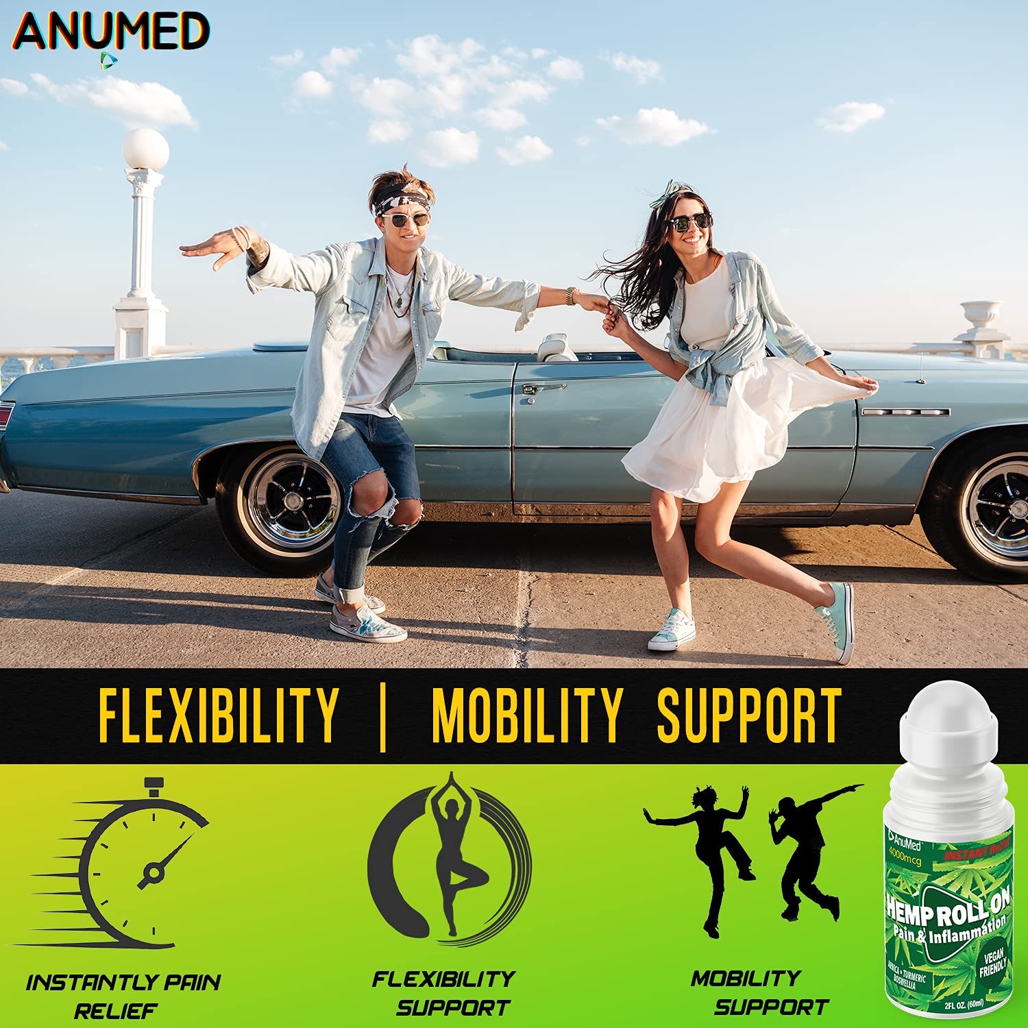 ANUMED Hemp Roll-On 4000mg Pain Relief. Fast Acting, Long Lasting, Maximum Strength with Arnica + Turmeric for Anti-Inflammatory, Natural Recovery, Joint, Muscle, Nerve Pain Reliever 2 Packs of (1oz) AnuMed InternationalBuy Supplements Australia