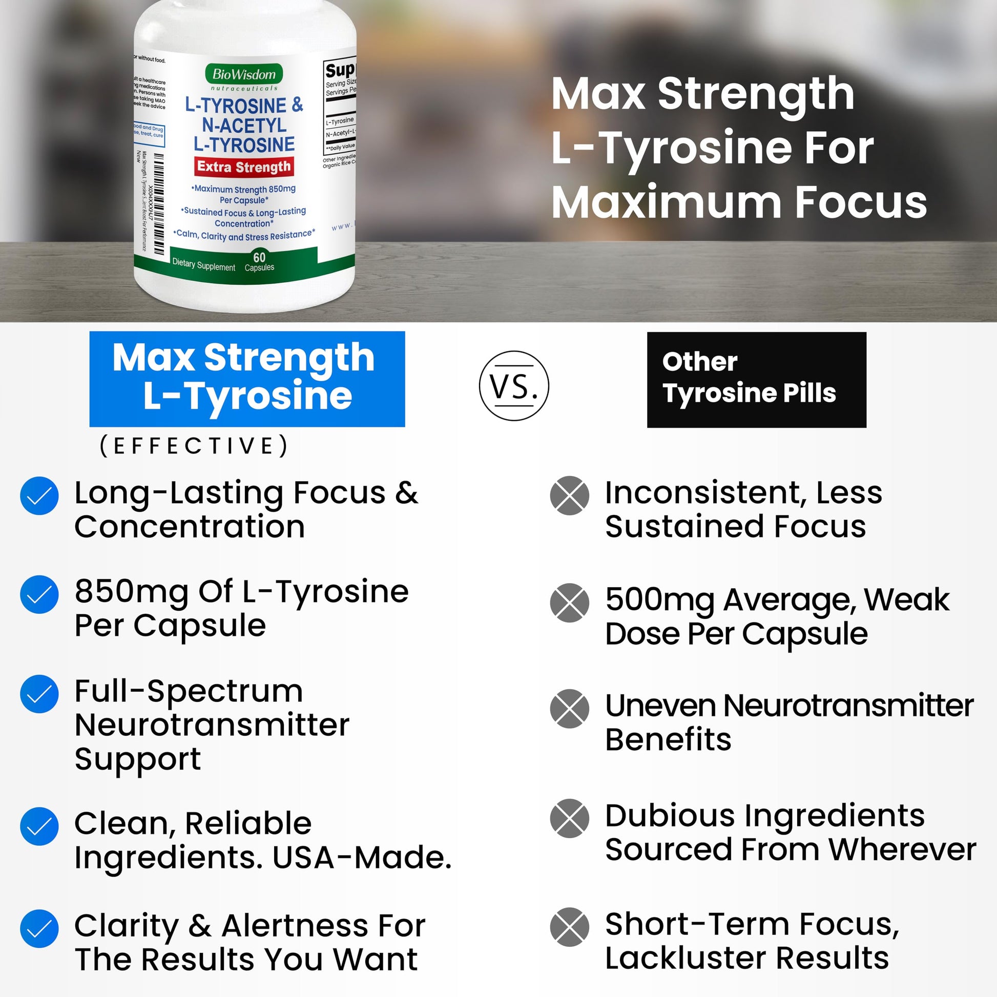 Max Strength L Tyrosine Supplement & N Acetyl L Tyrosine Peak Focus, Alertness, Concentration, Body & Mind Energy. L-Tyrosine 850mg Per 1 Capsule. A Well-Being Nutrient Boost For Performance BioWisdom NutraceuticalsBuy Supplements Australia