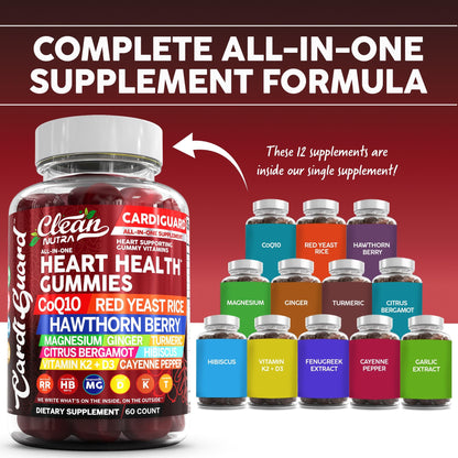 Clean Nutraceuticals Coq10 Gummies | Red Yeast Rice Hawthorn Berry Ginger Turmeric Citrus Bergamot Hibiscus Vitamin K2+D3 Magnesium Glycinate Cayenne Pepper Fenugreek Orange Flavor CardiGuard Clean NutraceuticalsBuy Supplements Australia