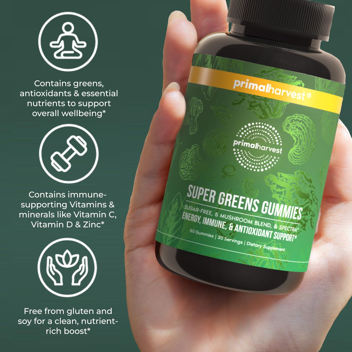 Primal Harvest Super Greens Gummies, Superfood Blend with Adaptogenic Mushrooms Vitamins & Nutrient-Rich Minerals & Antioxidants for Energy & Immune Support 1 Pack 60 Count, Primal HarvestBuy Supplements Australia