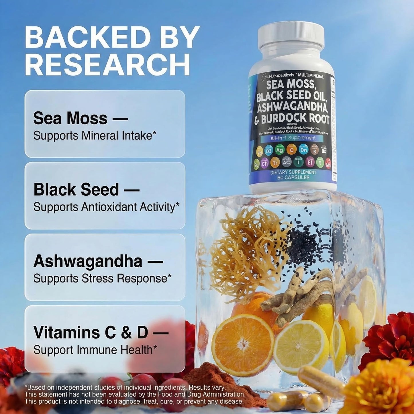 Clean Nutraceuticals Sea Moss Black Seed Oil Ashwagandha Turmeric Bladderwrack Burdock & Vitamin C Vitamin D3 with Elderberry