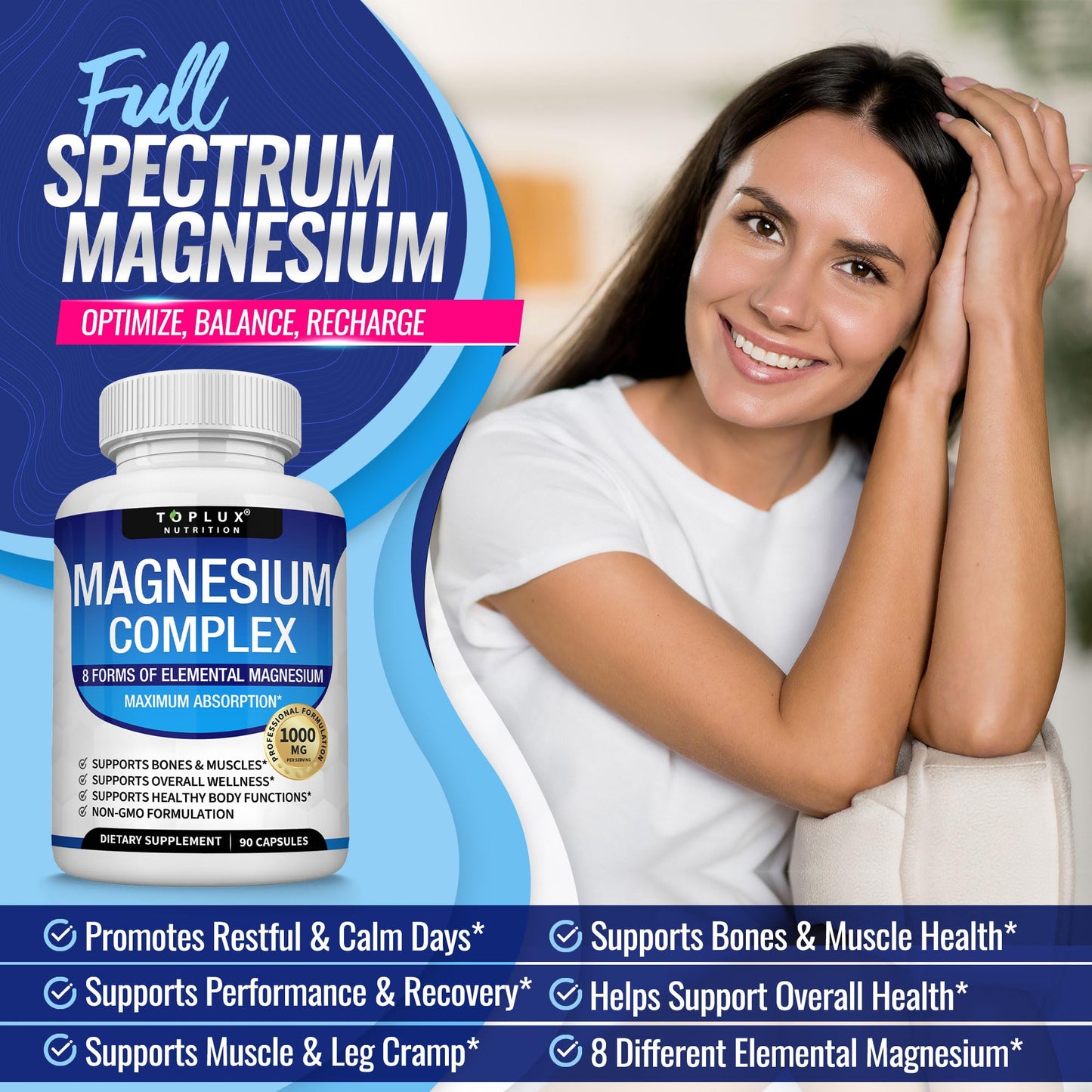 Magnesium Complex Supplement 8 Elemental 1000mg - Magnesium Glycinate, Citrate, Malate, Taurate, Chelated for Easy Absorption for Bones