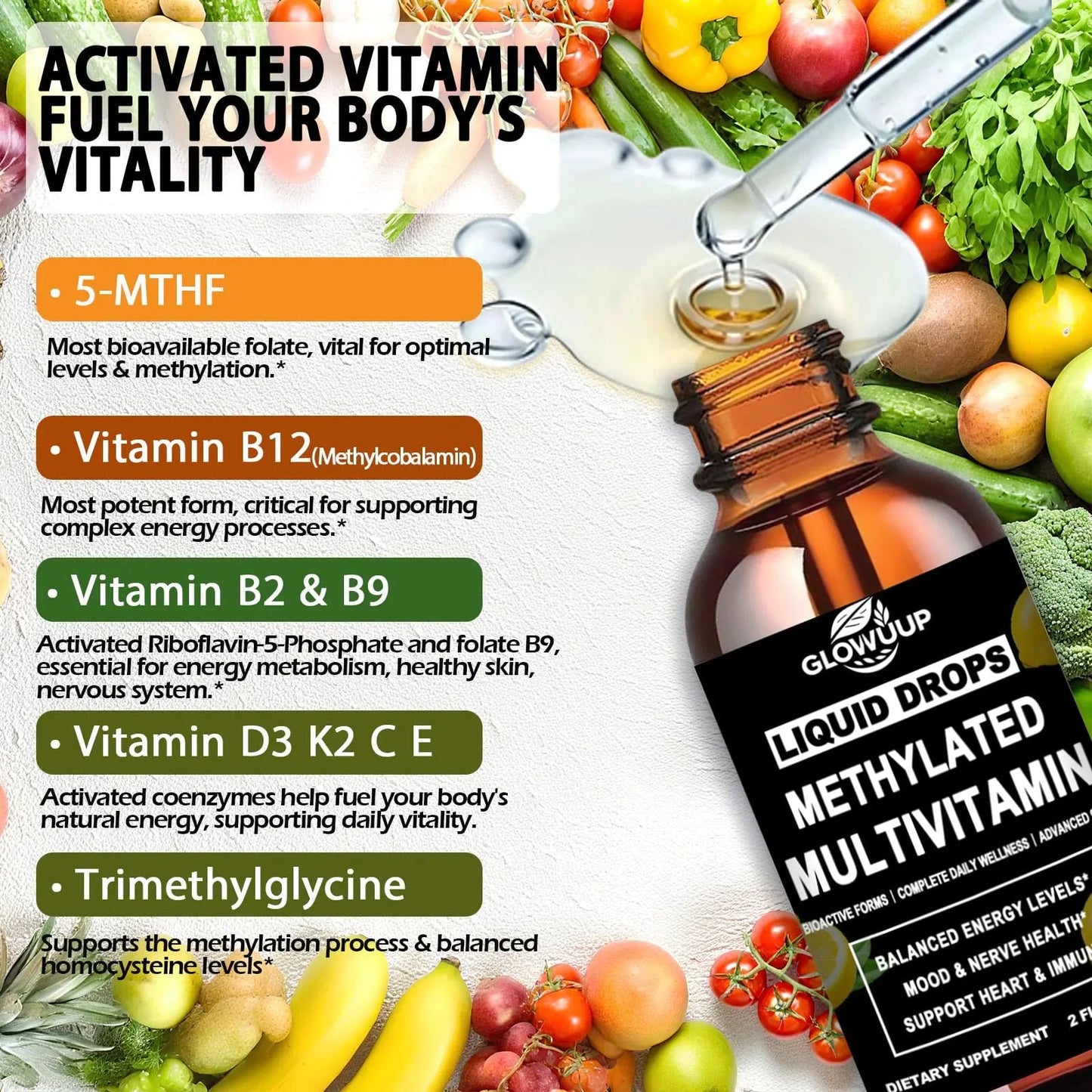 Multivitamin for Women & Men, Methylated Multivitamins & Multiminerals liquid Drops with Methylfolate B12 B2 Vitamin C E D3 K2 GLOVVUUP