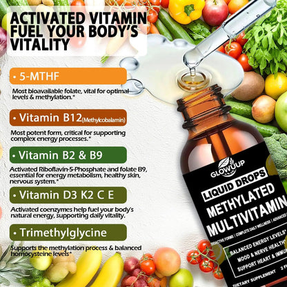Multivitamin for Women & Men, Methylated Multivitamins & Multiminerals liquid Drops with Methylfolate B12 B2 Vitamin C E D3 K2 GLOVVUUP