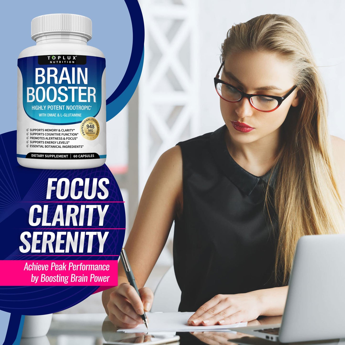 Toplux Brain Supplement Nootropic – Brain Pills Vitamin with DMAE, Bacopa Monnieri, L-Gutamine, for Men Women, 60 Capsules, Nutrition TopluxBuy Supplements Australia