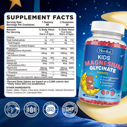 Magnesium Glycinate Gummies for Kids - with L-Theanine, Omega-3, Vitamin B6, D3, Zinc - Kids Magnesium Gummies for Sleep, Relaxation, Calm & Focus - Sugar Free Strawberry 60ct HovikaBuy Supplements Australia