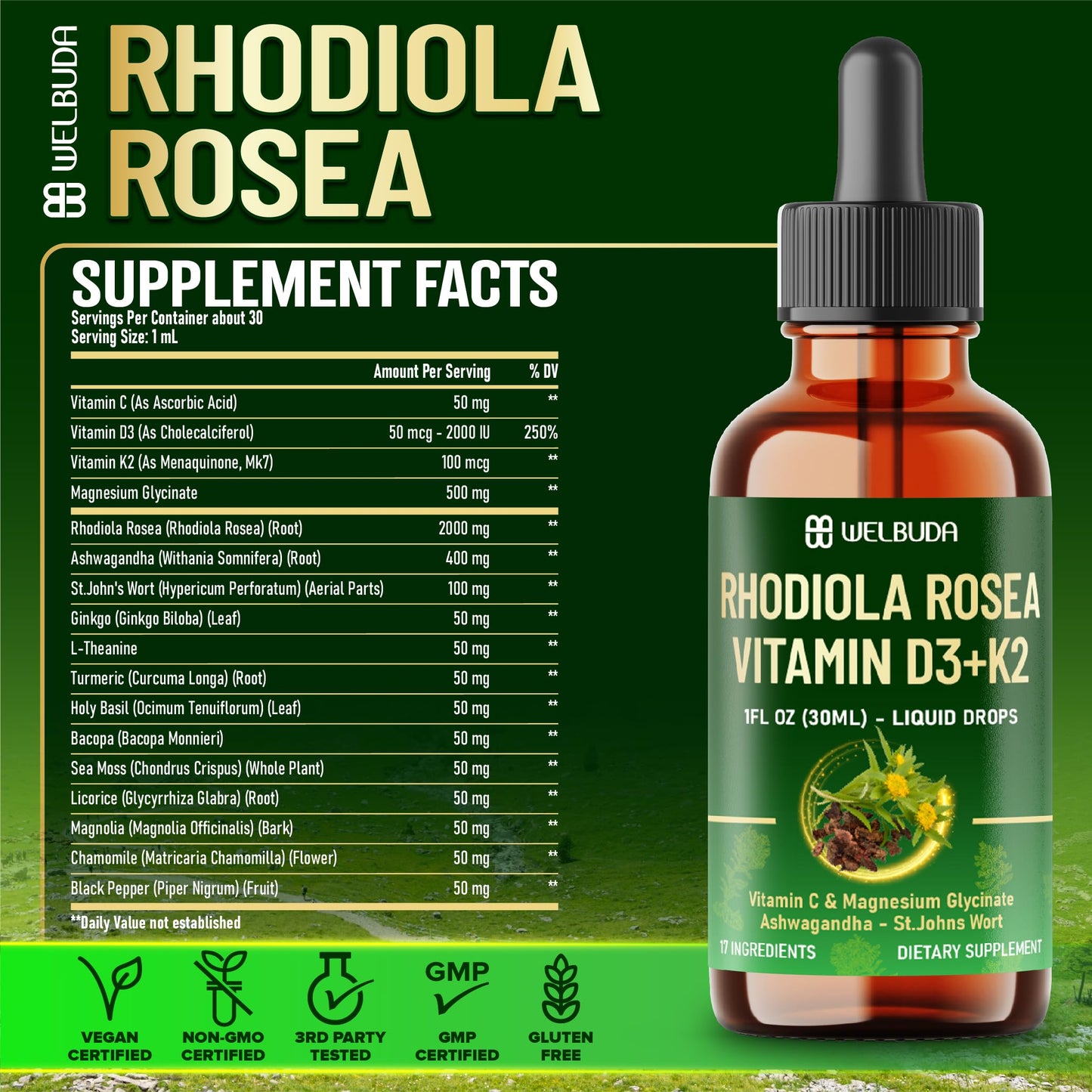 17in1 Rhodiola Rosea Liquid Supplement with Ashwagandha, Magnesium Glycine, L-Theanine, Vitamin C, Vitamin D3, Vitamin K2, Ginkgo, Turmeric, Holy Basil and More - 1 FL Oz - 60 Day Supply WELBUDABuy Supplements Australia