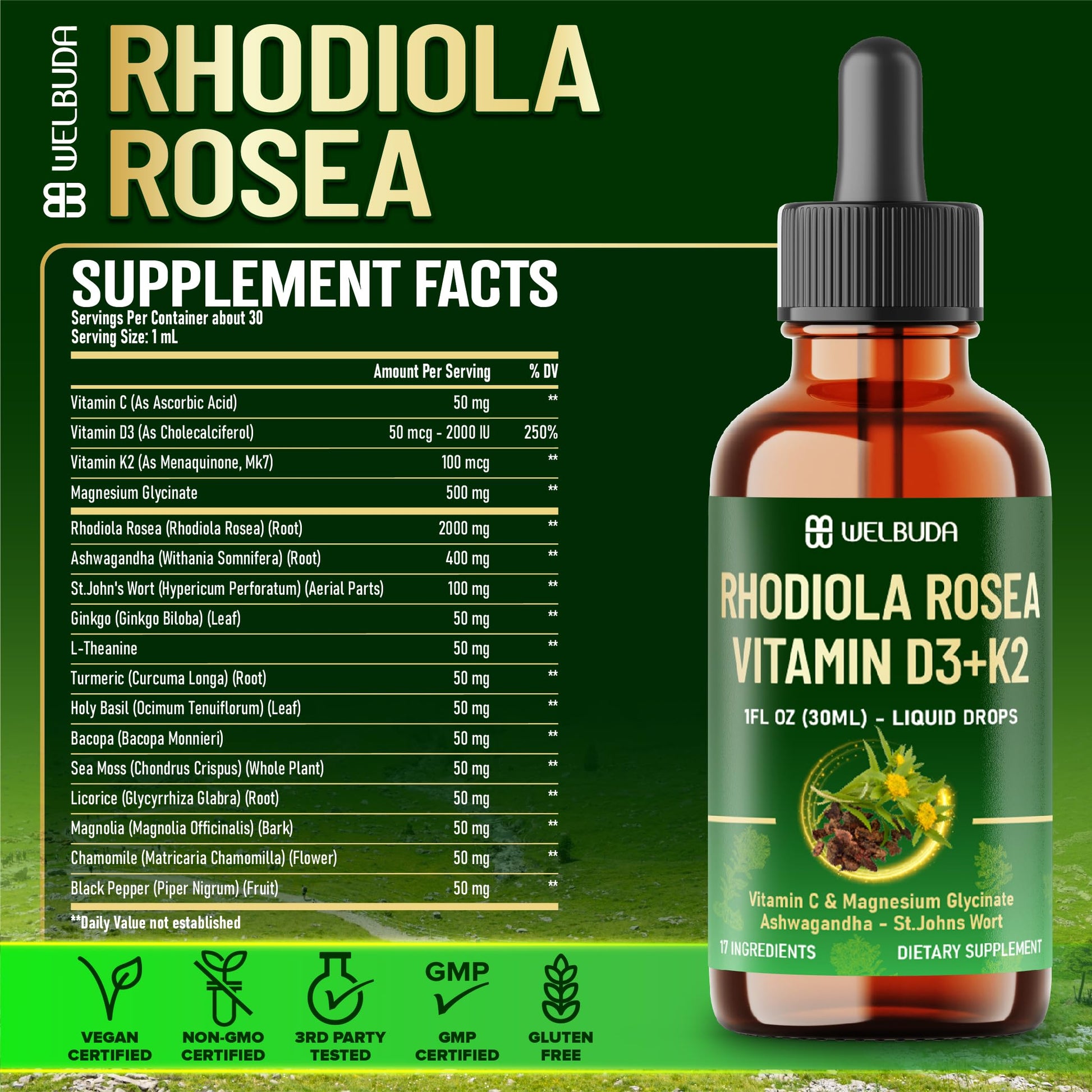 17in1 Rhodiola Rosea Liquid Supplement with Ashwagandha, Magnesium Glycine, L-Theanine, Vitamin C, Vitamin D3, Vitamin K2, Ginkgo, Turmeric, Holy Basil and More - 1 FL Oz - 60 Day Supply WELBUDABuy Supplements Australia
