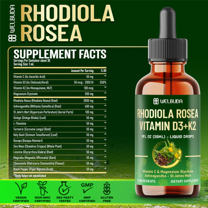 17in1 Rhodiola Rosea Liquid Supplement with Ashwagandha, Magnesium Glycine, L-Theanine, Vitamin C, Vitamin D3, Vitamin K2, Ginkgo, Turmeric, Holy Basil and More - 1 FL Oz - 60 Day Supply WELBUDABuy Supplements Australia