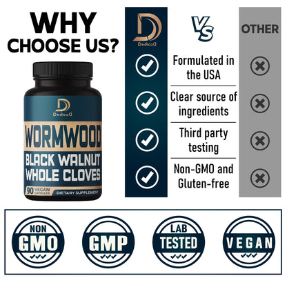 DEDICAD 12in1 Wormwood Black Walnut Clove Capsules - Immune, and Mood Support - 3 Month Supply - 90 Vegan Capsules DEDICADBuy Supplements Australia
