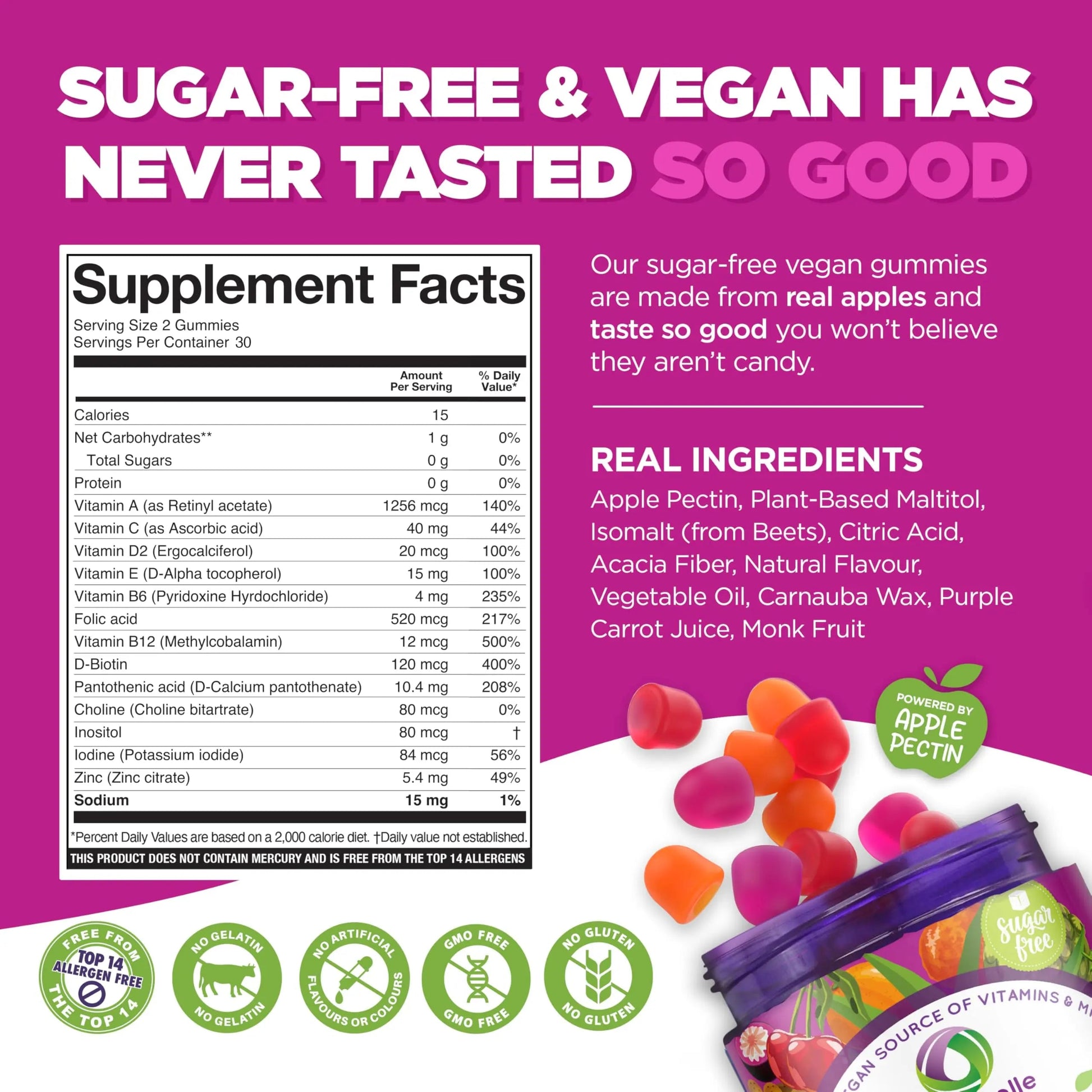 NUTRAMIN Daily Vegan Keto Multivitamin Gummies Non-GMO Natural Vitamin C D + Zinc for Immunity, Plant-Based, Sugar-Free, Nut-Free Nutracelle