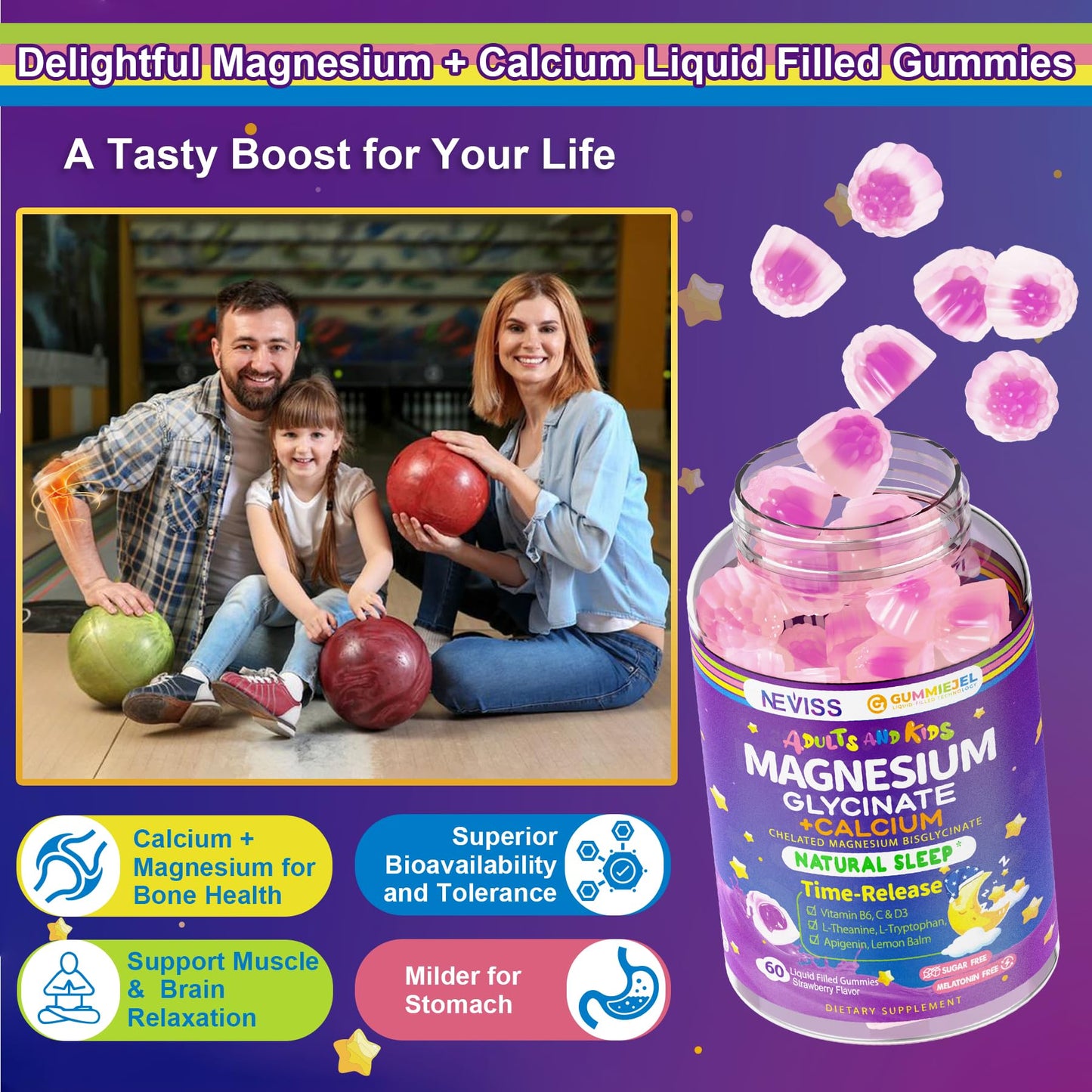 Neviss Magnesium Glycinate + Calcium Filled Gummies for Adults and Kids 4+, Kids Sleep Gummies Melatonin Free, No Sugar Magnesium Supplement w/B6 D3, L-Theanine for Zzz Relax, Brain,Bone,Muscle 2Pack NEVISSBuy Supplements Australia