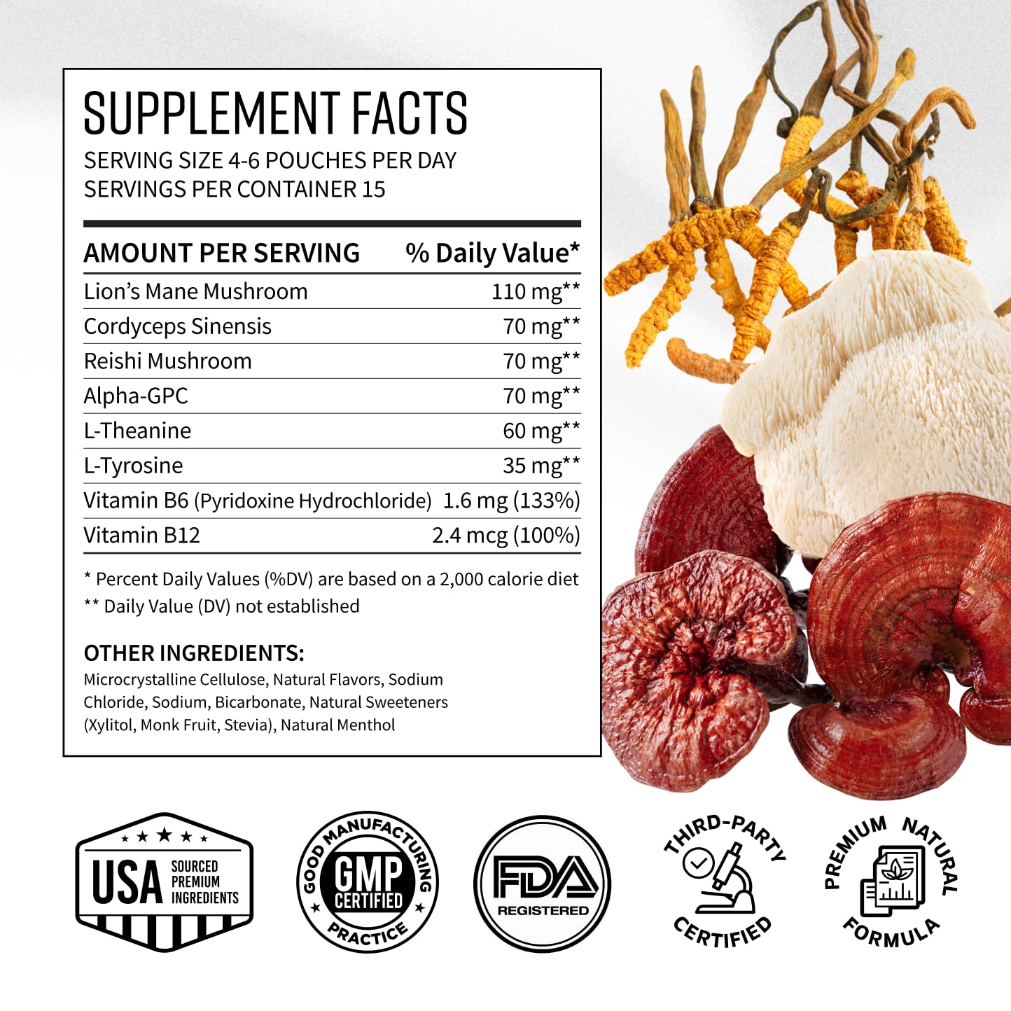 Adaptogen Mushroom Nootropic Pouches (4 Pack Bundle) - 250mg Mushroom Blend + 165mg Energy Blend, Nicotine Free & Caffeine Free, Ultra Pouch with Lion's Mane, Cordyceps, Reishi, Alpha-GPC, L-Theanine GGGJBuy Supplements Australia