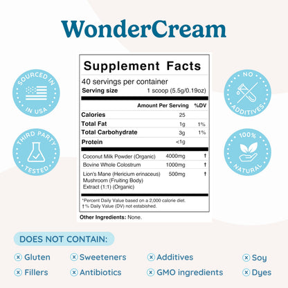 WONDERCOW Bovine Colostrum Superfood Creamer Supplement Powder w/Organic Lions Mane Mushroom & Coconut Milk Powder MCTs | Functional Sugar Free Keto Coffee, Smoothie & Drink Mix Unsweetened WONDERCOWBuy Supplements Australia