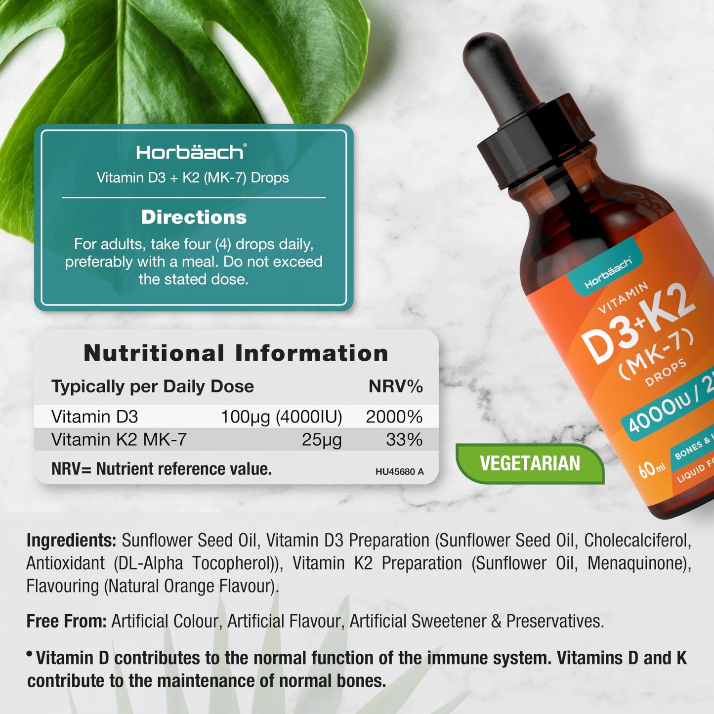 Vitamin D3 K2 Drops | 60mL | High Strength Vitamin D3 4000iu and K2 25ug | No Artificial HorbäachBuy Supplements Australia