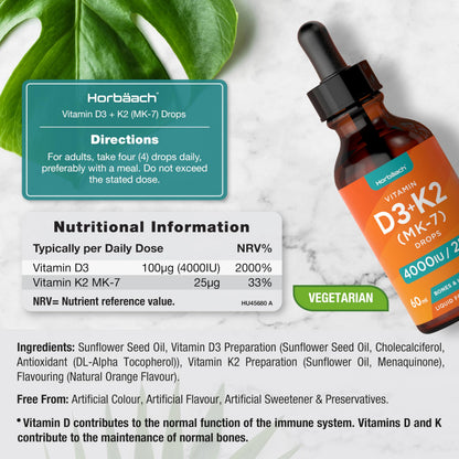Vitamin D3 K2 Drops | 60mL | High Strength Vitamin D3 4000iu and K2 25ug | No Artificial HorbäachBuy Supplements Australia