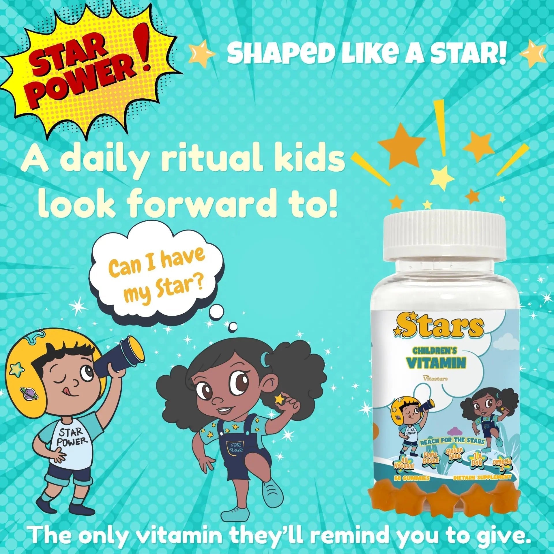 Stars Kids Multivitamin Gummies with Omega 3, Vitamins for Kids with A, B, C, D, Plant Based Multi Vitamins for Children, Manganese Vitastars